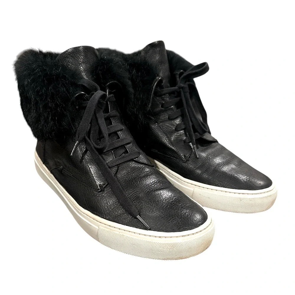 VINCE NYACK LADIES BLACK HIGH TOP RABBIT FUR TRIMMED SNEAKERS 9